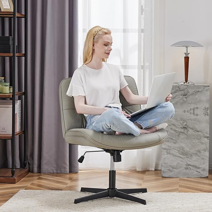 Sweetcrispy Armless-Office Desk Chair Without Wheels, Cross Legged Wide Chair, PU Leather Comfortable Adjustable Swivel Computer Task Chairs for Home,Office,Make Up,Small Space,Bed Room Grey