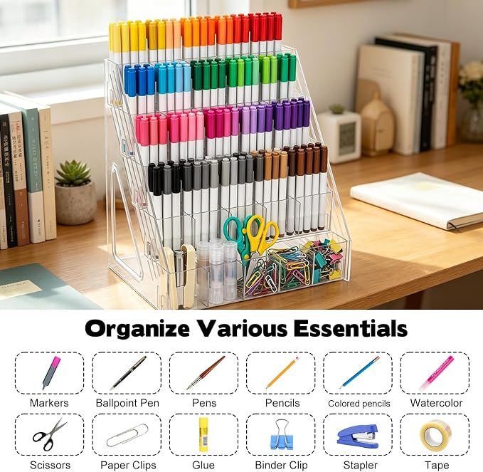 5 Tier Acrylic Desk Organizer with 25 Compartments Clear Pen Holder for Pens Pencils Markers and Art Supplies Large Capacity Desk Storage Rack for Home Classroom Office and Art Studio