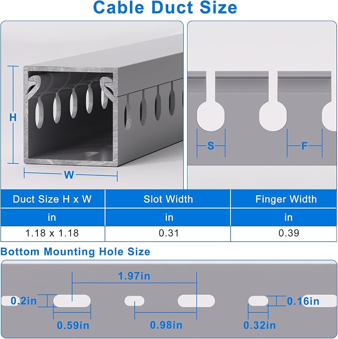 1.2"H x 1.2"W Cable Raceway, 12ft Under Desk Wire Management Channel, Grey | Slotted Wire Duct, 4 Pack (3 ft Each), Heavy-Duty PVC Cable Management for Server Racks, Network Cables & Electrical Cabinets