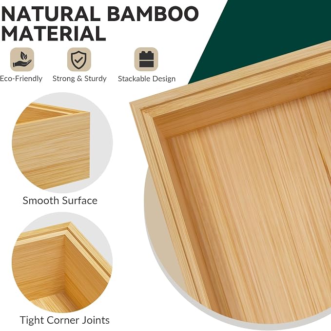 Lixple Bamboo Drawer Organizer - Silverware & Utensil Organizer, Stackable, 2 Pcs, Wooden Storage Box Tray (Bamboo, 12 X 6 X 2 Inch)