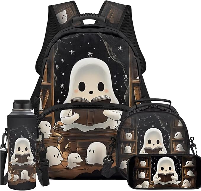 Ystardream Cute Ghost Backpack with Lunch Box Elementary School Bags for Girls 7-10 Primary Middle School Book Bag with Pencil Case Water Bottle Sleeve for Kids Child Daypack Rucksack,Lightweight