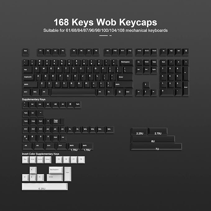 XVX WOB Keycaps 168 Keys, Double Shot PBT Custom Keycap Set, Minimalist Style White on Black Keycap, Cherry Profile Keyboard Keycaps for Cherry Gateron MX Switches Mechanical Keyboard