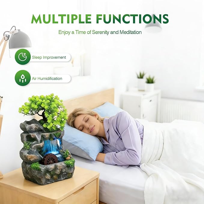 Tabletop Waterfall Fountain with Flowing Water & LED Lights – Indoor Resin Rockery Desk Fountain for Home, Office, Bedroom Relaxation & Decoration, Mini Desktop Water Featur