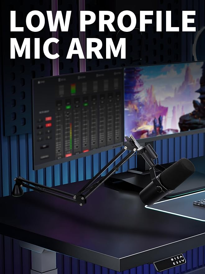 Low Profile Mic Boom Arm - YOUSHARES Boom Arm for Blue Yeti Fifine AM8 K688 QuadCast SoloCast AT2020, Adjustable Low Profile Microphone Arm for Podcast Streaming Gaming Studio
