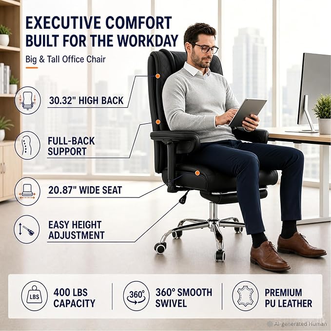 Big and Tall Office Chair Heavy Duty Wide Executive Office Chair (Black) | Breathable Leather，Double-layered Backrest，Seat Cushion Designed of Deluxe Embroidery Leather，Foot Rest, Adjustable Armrests