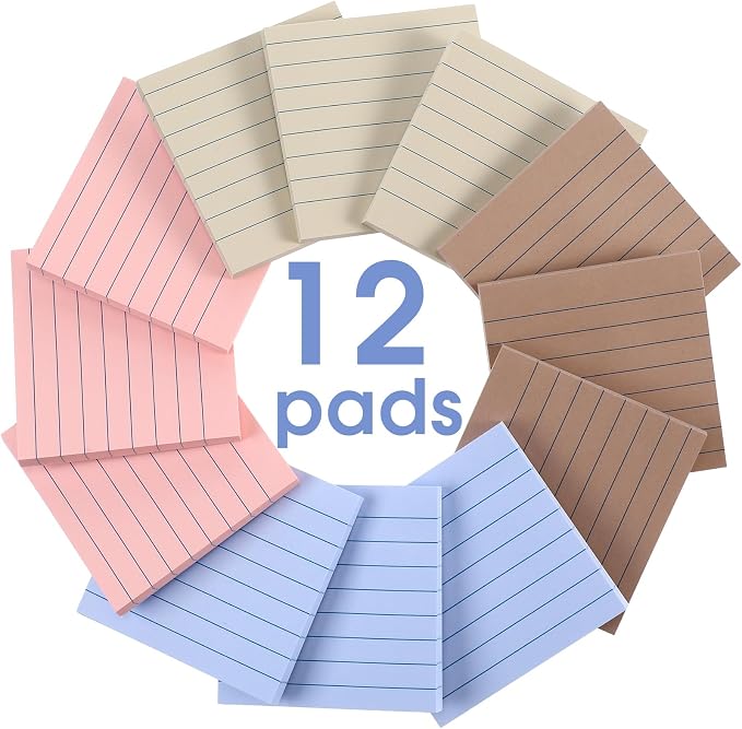 AmazingSpark 12 Pack Lined Sticky Notes 3x3 inch Post Ruled Stickies Super Self Stick Power Memo Pads Multi Colors Notes Pads Vintage Aesthetic School Office Supplies Accessories (Soft Morandi)