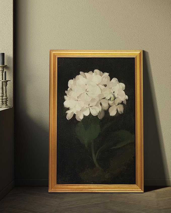 HUARCEY Gold Framed Vintage Wall Art for Living Room, Flowers Painting Canvas Print Shelf Decor for Kitchen, Aesthetic Bedroom Wall Art, Christmas Gifts for Friends or Family (White Hydrangea 24"x36")