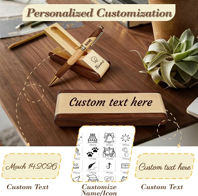 ZFN Custom Wooden Ballpoint Pen Set—personalized engraving names text logos for men mentors friends lawyers doctors teachers students (Beech wood color)