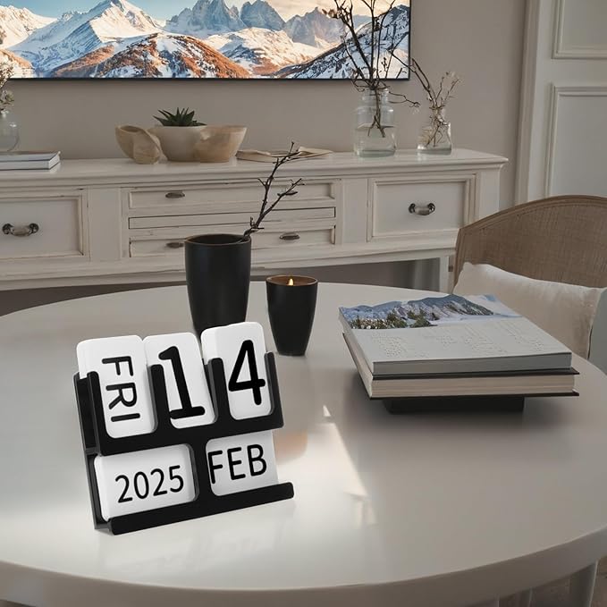 Acrylic Perpetual Calendar for Desk, Vintage Desktop Perpetual Calendar 2025-2034, Large Date Display Flip Blocks Tabletop Decor Daily Calendar Desk Accessory for Daily Office Home decoration (Black)