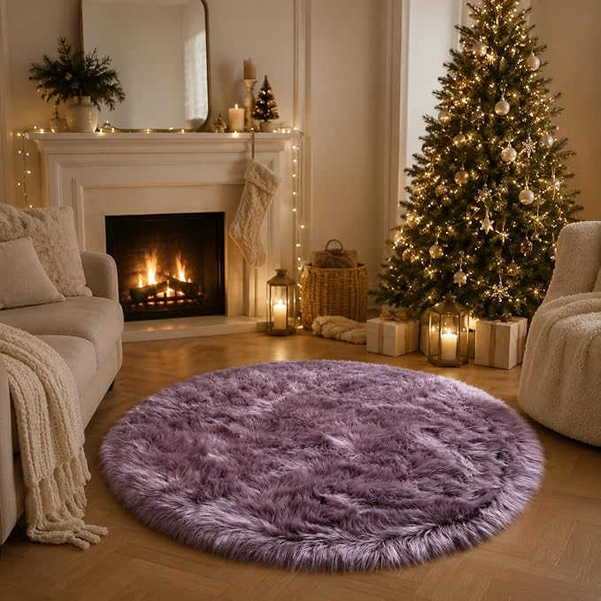 EasyJoy Faux Sheepskin Rug, Fluffy Faux Fur Rug, Ultra Soft Shag Area Rug with Non-Slip Backing for Bedroom, Living Room, Nursery, Kids Room(4 x 4 ft Round, Light Purple)