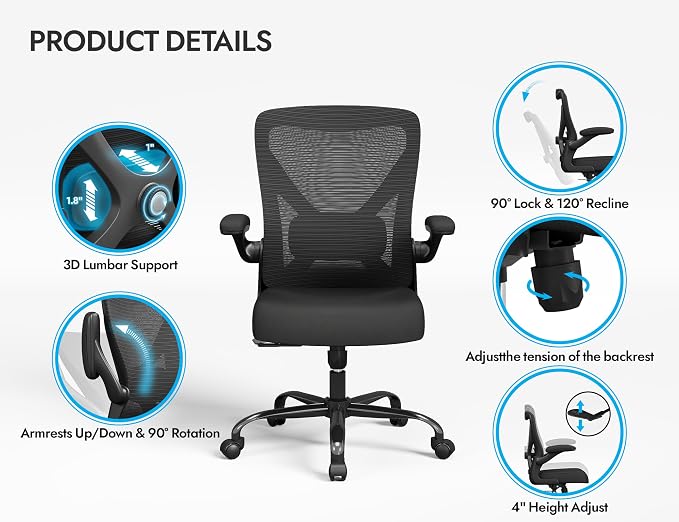 Office Chair: 330LBS Mesh Ergonomic Desk Chair Comfy with 3D Lumbar& Swivel | Ergalithic Computer Chair-Executive Task Chairs with Flip-up Arms Home Office Desk Chairs Gaming Chair for Adults(Full Black)