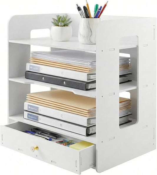 Desk Organizer, 3-Tier File Organizer for Desk with Drawer, Letter Tray Paper, Desktop Document Sorter for Letter, File Folder Holder for Office, Home or School- White MLT002W3