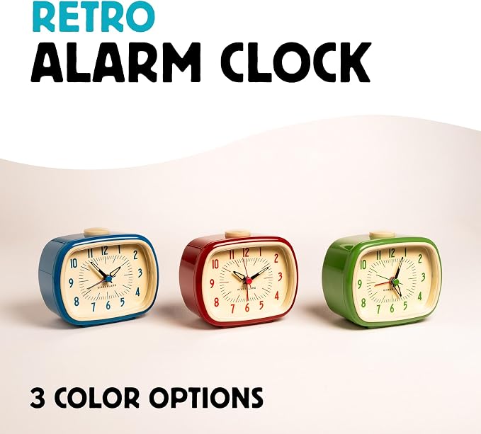 Kikkerland Retro Alarm Clock – Vintage Decor for Bedroom, Nightstand, Living Room, or Office – Battery Operated, Decorative Analog Clock, Red