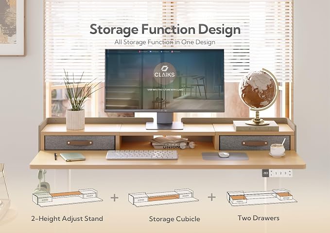 Claiks Standing Desk with Drawers & Wheels, 2 Height Shelf 55" Natural | 2 height adjust shelf, tabletop drawers, felt fence design, sturdy supports 176 lbs, 4 wheels, 2 tire monitor stand