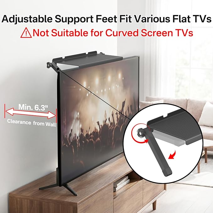 13" × 6.3" TV Top Shelf with Remote Holder - No Drill Top of TV Shelf with Anti-Scratch Adjustable Feet for Streaming Devices, Cable Box, Router & Decorations TV Top Mount Shelf, 1 Pack