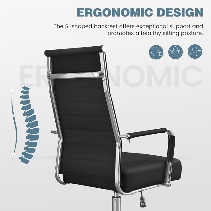 JOMEED Office Desk Chair,Conference Room Chair,High Back PU Leather Swivel | Modern Executive Ribbed Design, Ergonomic, Height Adjustable, Wheels and Arms, for Home Office(Black-Silver Frame)