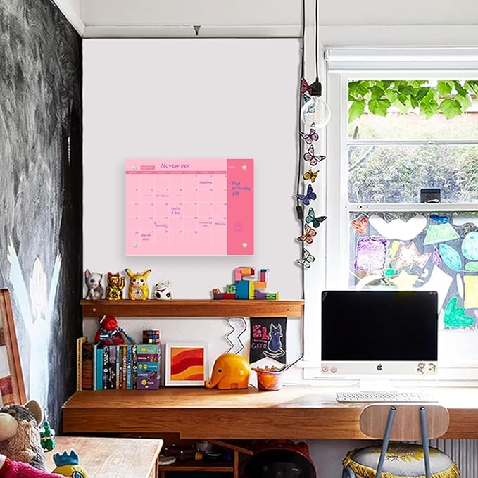 Glass Dry Erase Whiteboard,Monthly Calendar Whiteboard,12" x 16",Frameless Glass White Board for Home,School,Office,Pink Surface(GlassA-PK-3040)