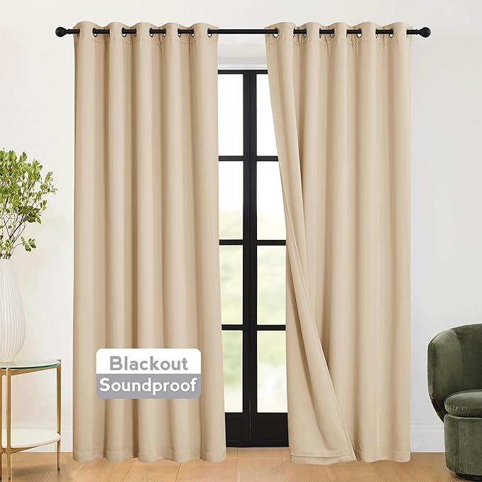 RYB HOME 3-in-1 Soundproof - Blackout - Energy Saving Room Divider Curtains, Extra Wide Window Curtains for Bedroom Living Room Loft Baby Nursery, Biscotti Beige, W 62 x L 84, 2 Panels