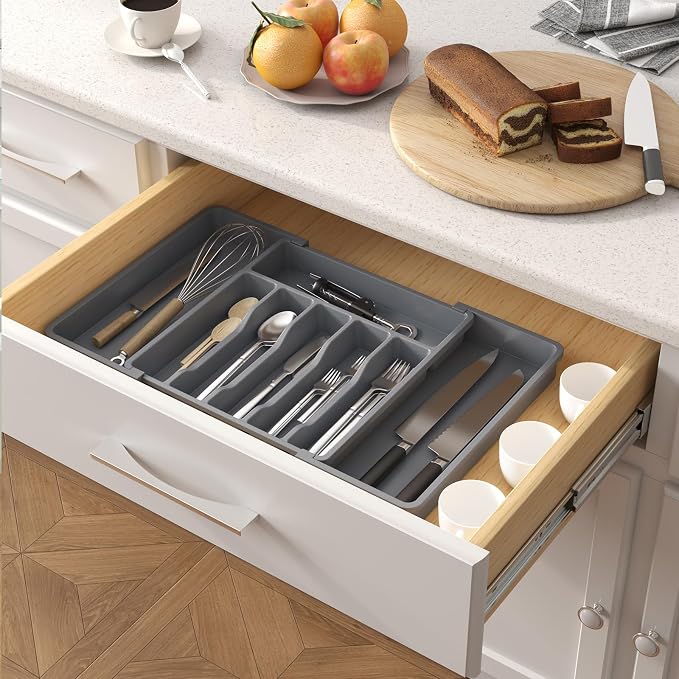 Lifewit Silverware Drawer Organizer, Expandable Utensil Tray for Kitchen, BPA Free Flatware and Cutlery Holder, Adjustable Plastic Storage for Spoons Forks Knives, 13-22 x 15", Dark Gray