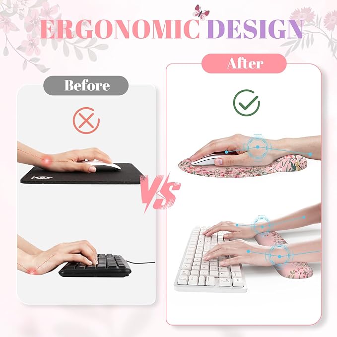 iCasso Desk Mat Set,Large Mouse Pad with Wrist Rest, Back to School Ergonomic Keyboard Wrist Support for Women,Girly Floral Computer Mat with Scalloped Edges,Non-Slip Desk Pad Home Office(Pink)