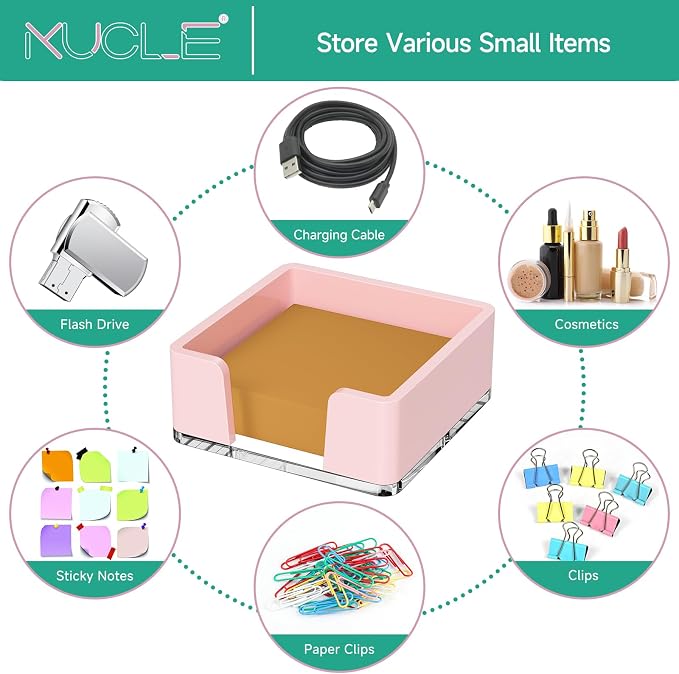 Sticky Note Holder, Pink Acrylic Notepad Holder 3x3 in Self-Stick Note Dispenser Office Desk Accessories, Memo Pad Holder Organizer for Classroom School Supplies