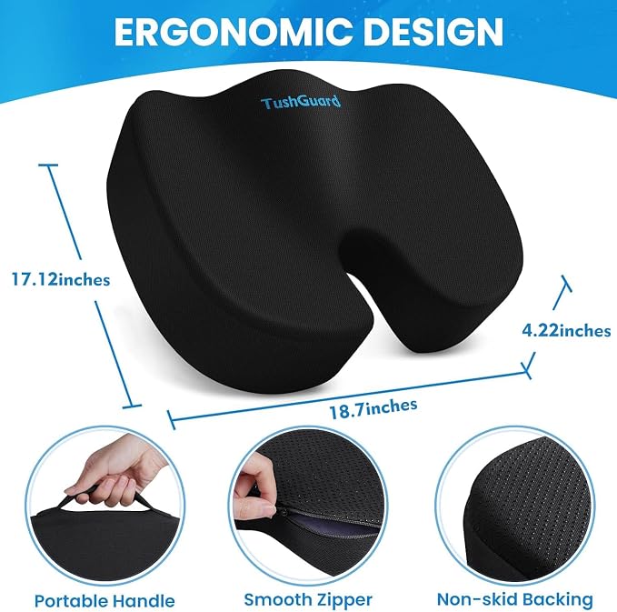 TushGuard Memory Foam Seat Cushion for Office Chair, Car Seat, Black, XXL | Office Chair Cushion for Car, Airplane - Chair Pad for Long Sitting Sciatica, Hip, Coccyx,Tailbone Pain Relief, Butt Pillow