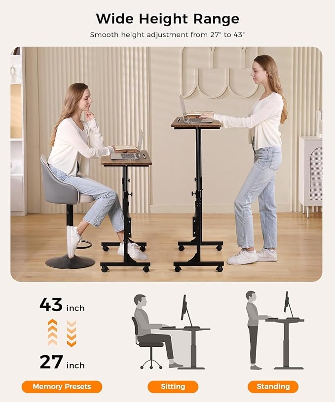 Simple Deluxe 31.5" Adjustable Height Mobile Desk with Locking Wheels & Pin-Lock – Height-Adjustable Standing Desk– Heavy-Duty Portable Workstation for Small Spaces & Home Office – Black
