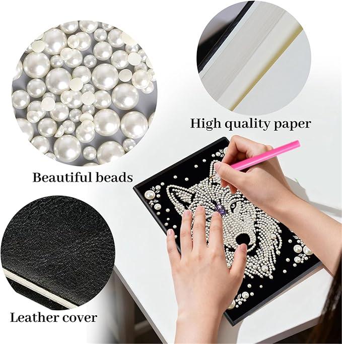 FRANDEK Pearl Painting Notebook Kit, Black and White Wolf A5 DIY Journal with 50 Blank Pages, Diamond Gem Art Cover with Waterproof Canvas, Beginner Craft Set with Full Tools for Adults