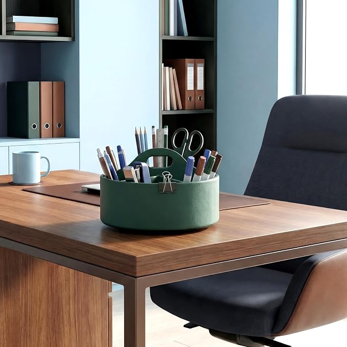 360° Rotating Leather Desk Storage Organizer with 6 Slots and Handle Extra-large Pen Holder Spinning Pencil Storage Lazy Susan Organizer Office Desk Supplies Marker, Art Supply(Green)