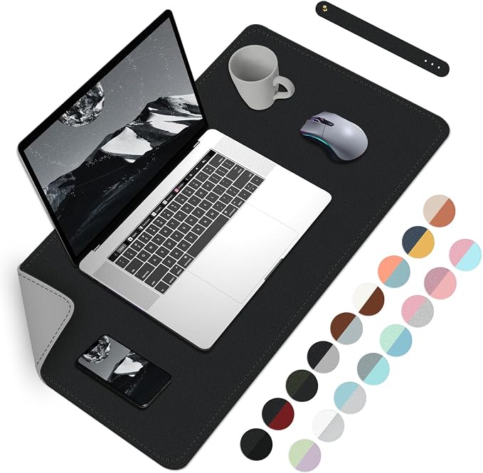Bleswin Double-Sided Desk Mat, 23.6''×13.8'', PU Leather Mouse Pad, Waterproof Desk Pad, Laptop Leather Desk Mat, Protector for Keyboard and Mouse for Office and Home (Black+Grey)
