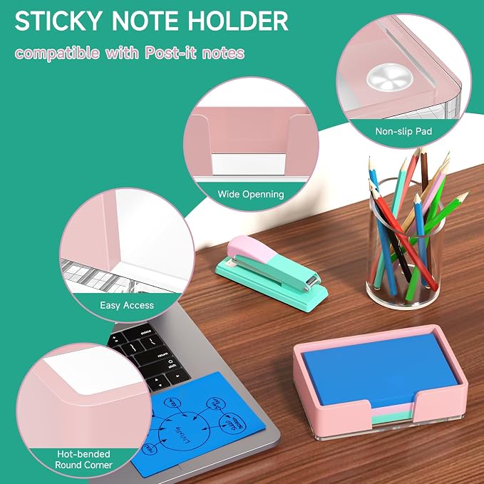 Sticky Note Holder, Pink Acrylic Notepad Holder 4x6 in Self-Stick Note Dispenser Office Desk Accessories, Memo Pad Holder Organizer for Classroom School Supplies