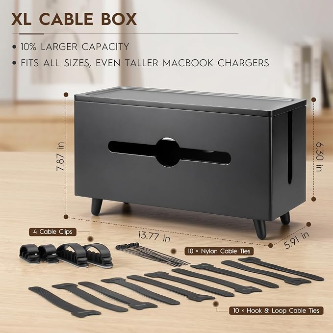 Extra Large Cable Management Box，Wood Cable Organizer Box,Power Strip Box & Organizer for Power Strip, TV Wires & Desk Cable Storage,Hide Desk Cord and Floor Cables (Black) (Black)
