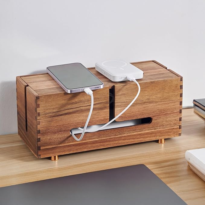 SARUFO Acacia Wood Cable Management Box - Wooden Cord Hider with 4 Metal Feet, Organizer for Desk & Floor, Power Strip TV Wire Concealer, Under Desk Storage for Office, Home Electrical Cables