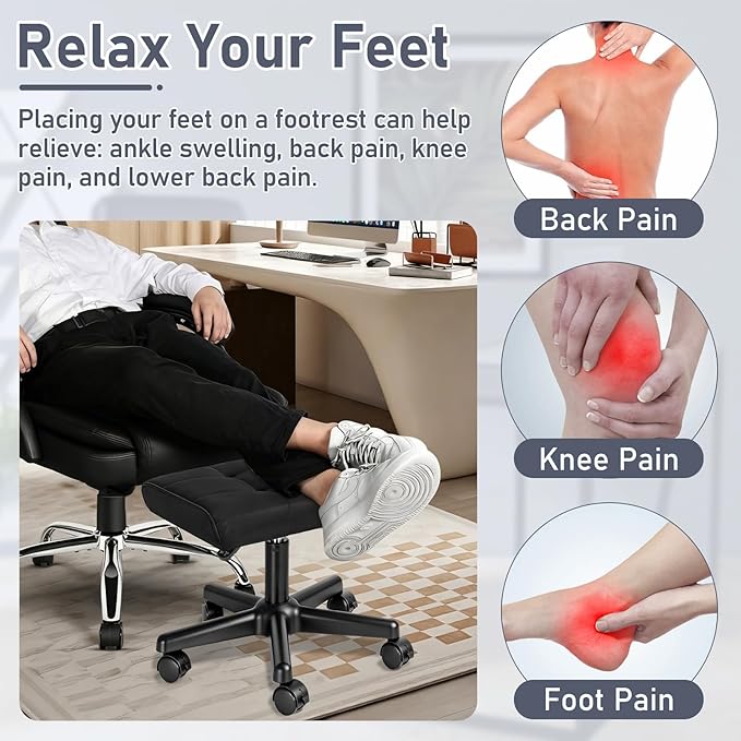 Footrest Under Desk Leg Rest Ottoman Adjustable Height Foot Stool with Wheels Leather Footrest