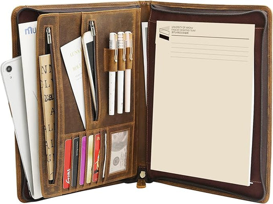 Ringsun Leather Portfolio Organizer with Zipper for Men Women, Leather Padfolio Business Resume Legal Pad Portfolio Notebook Binder for A4/Pad, Brown