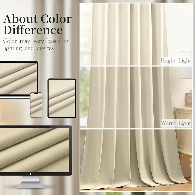 Ivory Velvet Curtains 84 Inches for Living Room Thermal Insulated Room Darkening Sound Reducing Heavy Velvet Curtain Luxury Window Drapes for Home Office, Back Tab Rod Pocket, W52 x L84, 2 Panels