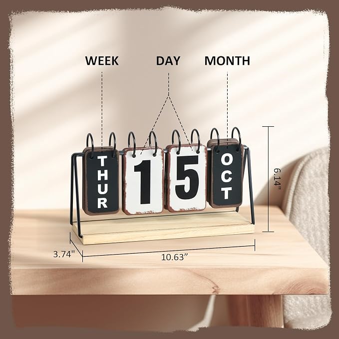 Metal Flip Calendar with Wooden Base, Daily Perpetual Desk Calendar with Large Display, Modern Farmhouse Desktop Calendar for Home Office Decor, Reusable and Foldable