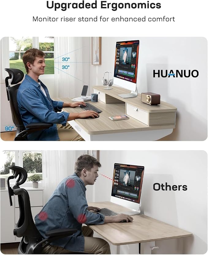 HUANUO 55 x 30 inch Electric Standing Desk with 4 Drawers, Natural | Deeper 30 Inch Desktop, Cable Tray, Monitor Mount Support, Grommet Routing, 27.9–46.8 Inch Height Range, Home Office Use
