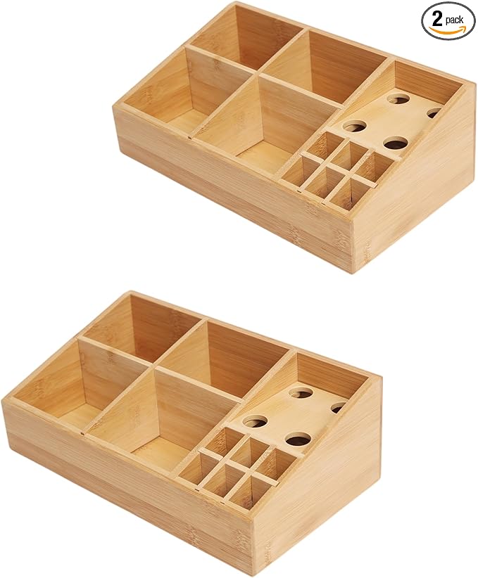 2 Pack Bamboo Art Supply Organizer | Wooden Desktop Storage, For Artists, Office Supplies, Makeup Brushes, Minimalist Desk Accessory