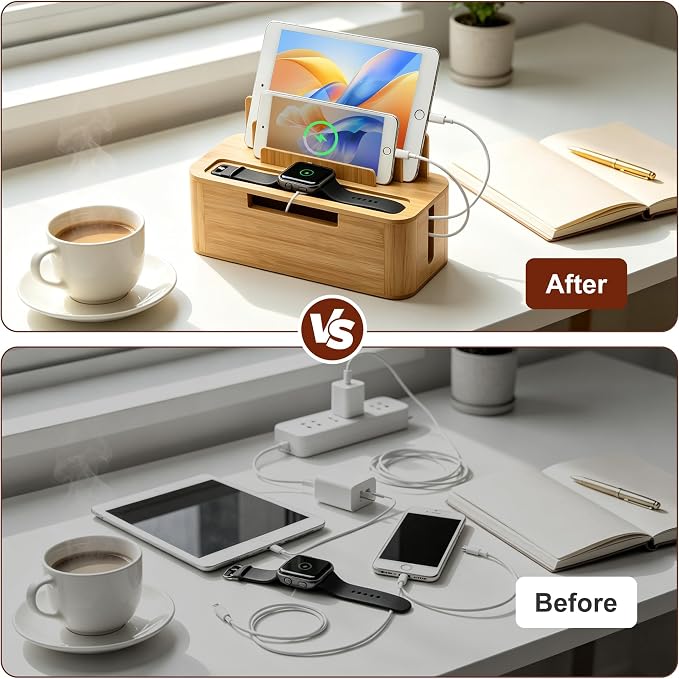 Bamboo Charging Docking Station, Multiple Device Desktop Organizer with Cable Management, Compatible with Phone, Tablet, Watch, Earbuds, Home Office Nightstand