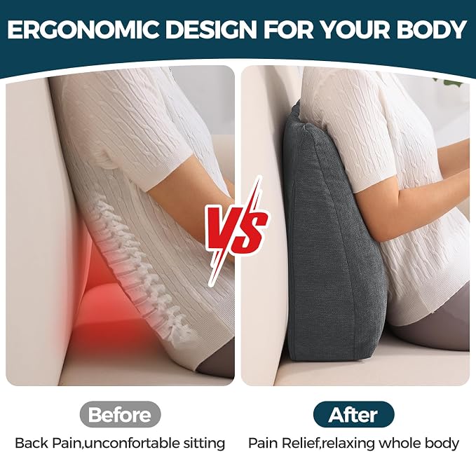 Back Support Pillow for Recliner Soft Dual Layer Lumbar Support Pillow with Memory Foam Shreds Ergonomic Orthopedic Couch Back Cushions for Elderly Lower Back Pain Relief Dark Grey