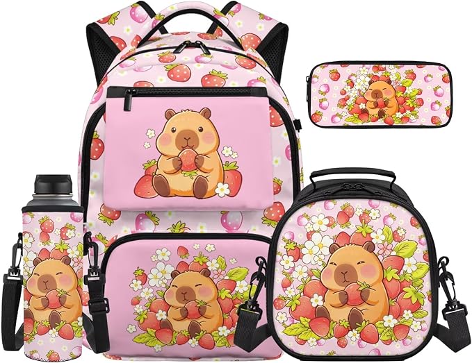 WELLFLYHOM 4 PCS Pink Strawberry Capybara Backpack Set for Girls Ages 8-12 | Multi-Scene Backpack Set With Lunch Box, Pencil Pouch and Water Bottle Sleeve, Great for School, Sports and Short Travel