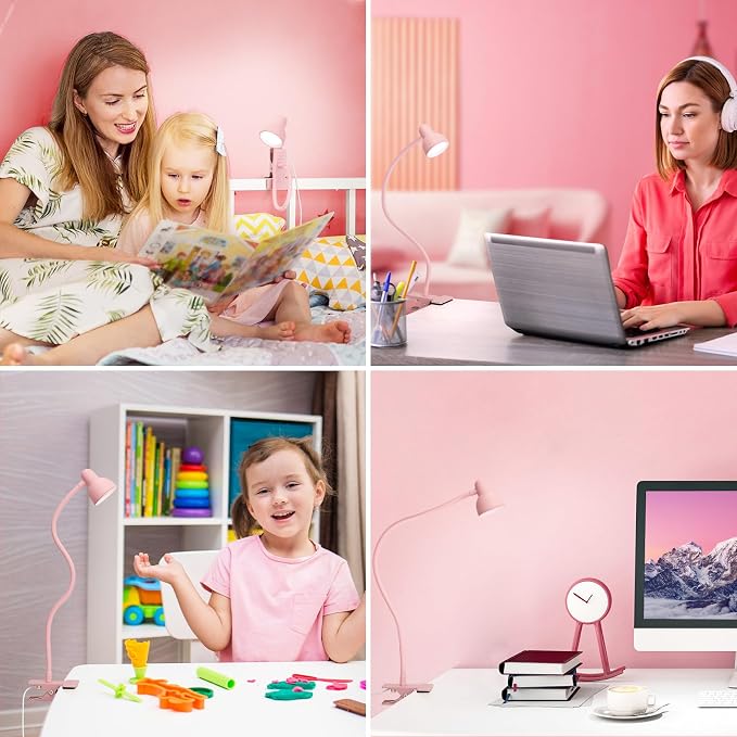 LiFMIRA Pink Small Desk Lamp Clip on Reading Light for Bed 3 Colors 10 Brightness Dimmable Flexible Gooseneck Clip on Light for Bed Headboard College Dorm Room