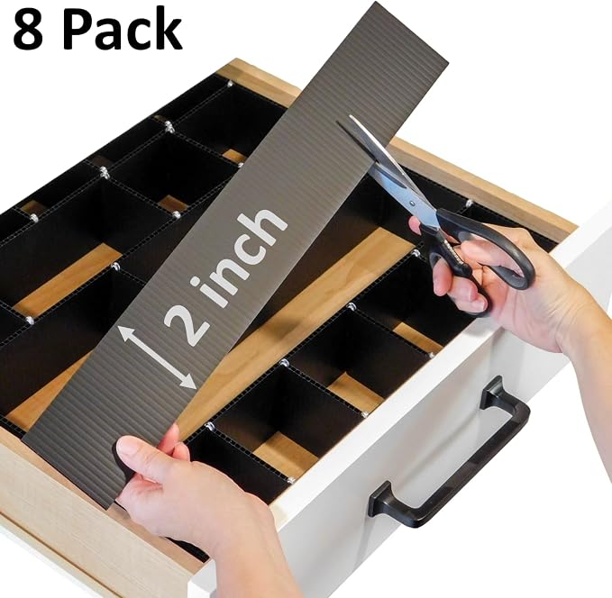 Customizable Grid Drawer Dividers, Cut to Fit Organizer | 8 PACK, Adjustable drawer dividers for any size drawer. Custom DIY grid organizer for kitchen, bathroom, desk, and more.