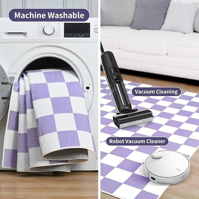 Terrug Purple and White Checkered Rug for Living Room,5x7 Area Rugs Washable with Non Slip for Bedroom,Soft Low Pile Stain Resistance Retro Carpet for Dorm Kids Room