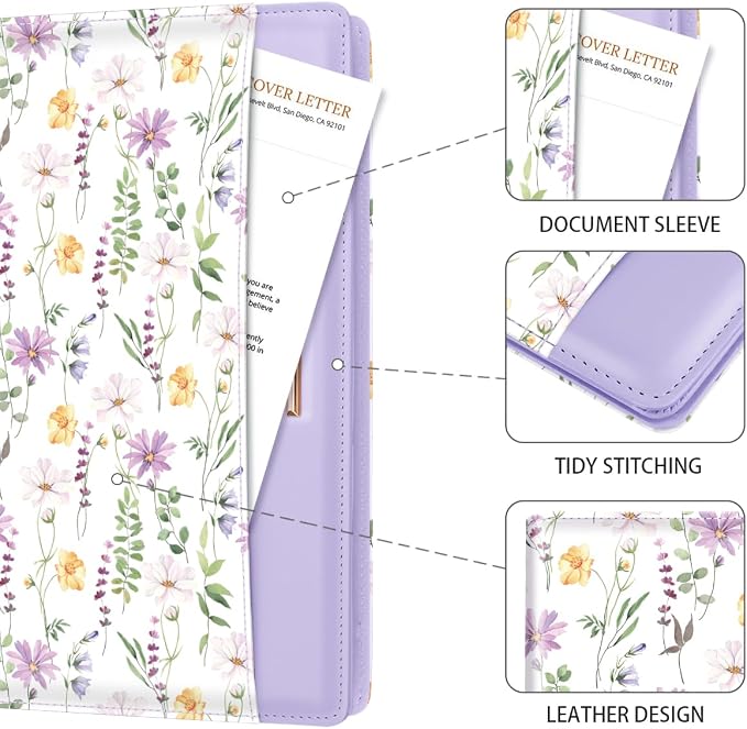 Padfolio/Resume Portfolio Folder for Women Men, WAVEYU Cute Chic Padfolio Cover Folder, Conference/Legal Document Organizer with Letter/A4 Size Clipboard, Document Sleeve, Purple Flower