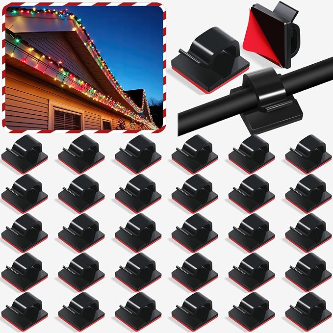 Hicarer 100 Pcs Christmas Light Clips Adhesive Hooks for Outdoor String Cable Wire Clips Adhesive Wire Management Cord Holder for The Wall, Under Desk, Car, Home and Office (Medium, Black and Red)