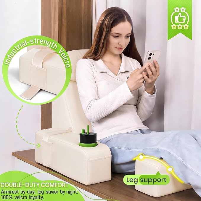 19 INCH Reading Pillow for Adults, Back Pillow for Bed Sitting Up, Backrest Pillow for Sitting in Bed, Detachable Arms with Built-in Cup & Phone Caddy (Beige, 19 INCH)