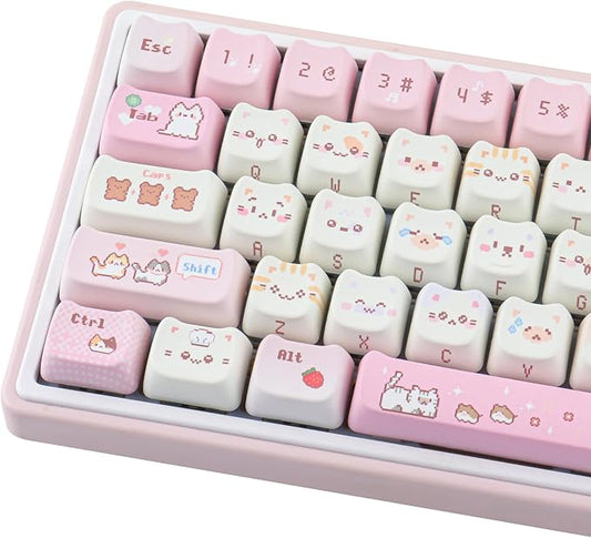 Tsungup Cute Cat Keycaps Set,Pink Pixel Mao Profile Keycaps,132 Keys PBT Custom Key Caps Keyboard Keycap for 60%,65%,75%,100% Mechanical Keyboard
