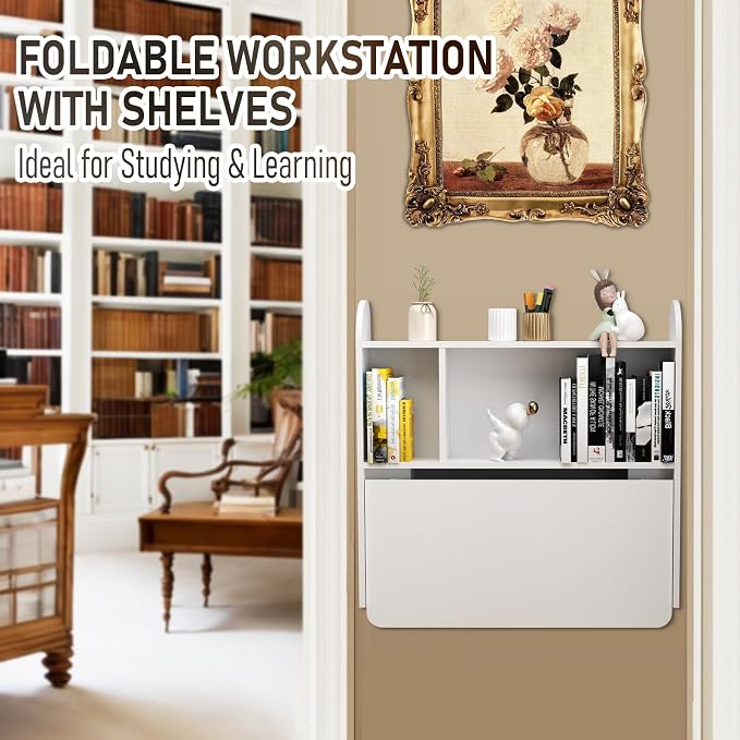 Wall Mounted Drop-Leaf Table, Floating Laptop Desk, Folding Table with Shelves, Multifunctional Computer Workstation with Storage Compartments in Home Office for Space Saving (White)